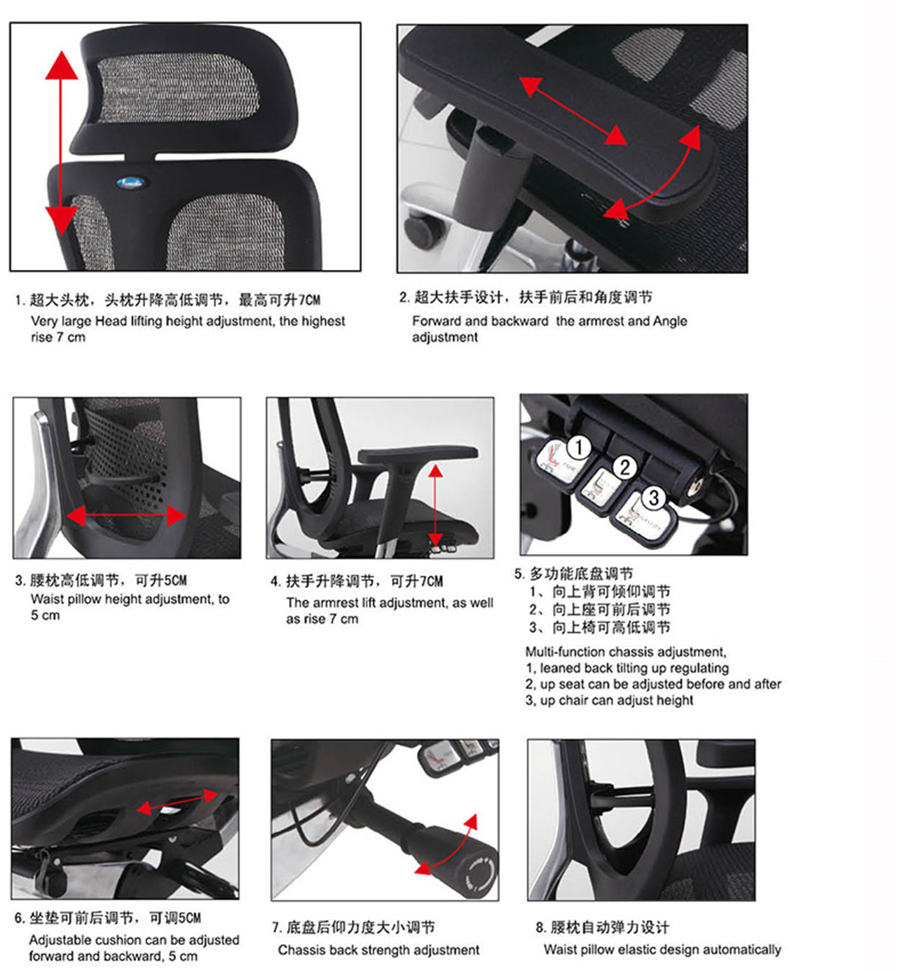 Ergonomická kancelářská židle s bederní opěrkou, nastavitelná opěrka hlavy (3)